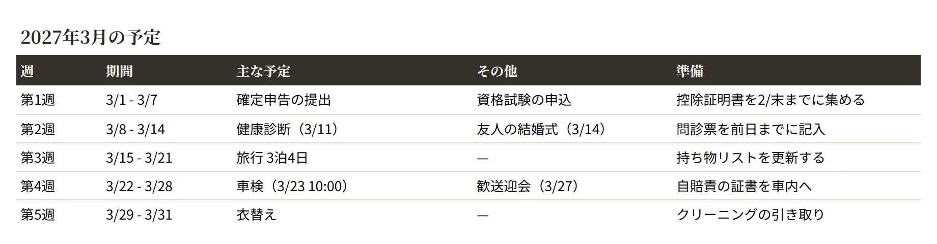 予定表（シック）の整えた表のサンプル