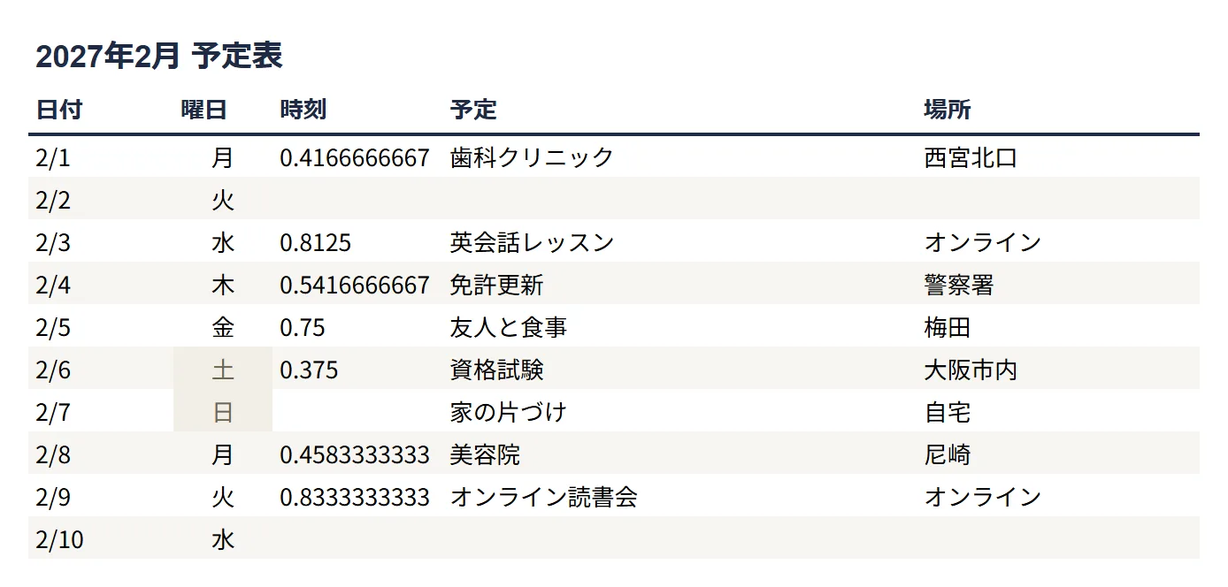 予定表（ミニマル）の整えた表のサンプル